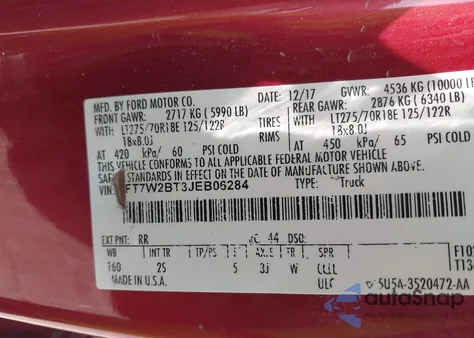 2018 Ford F-250 Xlt из США, поврежденный, VIN 1FT7W2BT3JEB06284